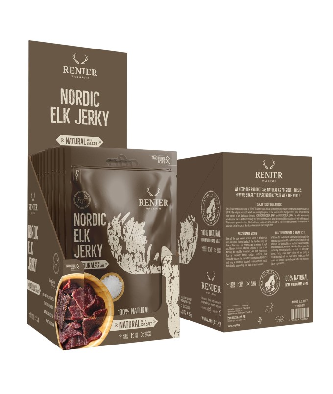 RENJER Traditional Nordic Elk (Losí) Jerky Sea Salt 375g - display