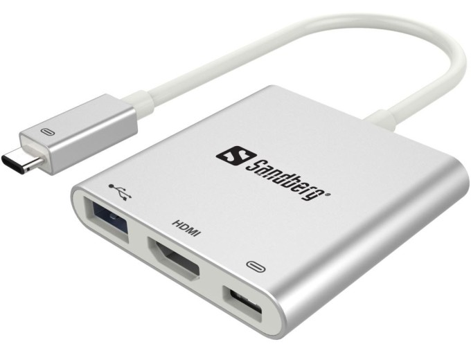 Sandberg Mini USB-C HUB, HDMI+USB, stříbrný
