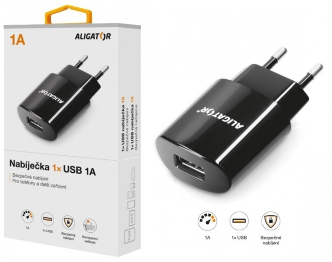 Nabíječka ALIGATOR s USB výstupem 1A, Turbo charge, černá