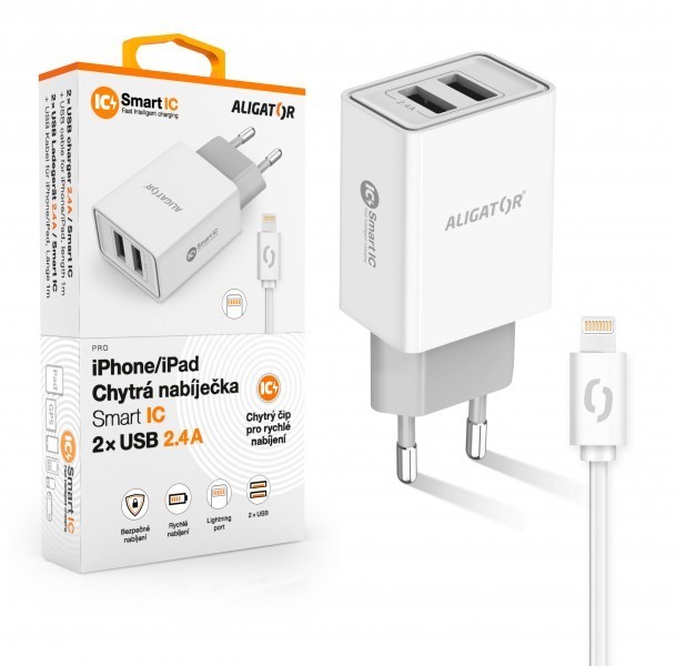Chytrá síťová nabíječka ALIGATOR 2.4A, 2xUSB, smart IC, bílá, kabel pro iPhone/iPad 2A