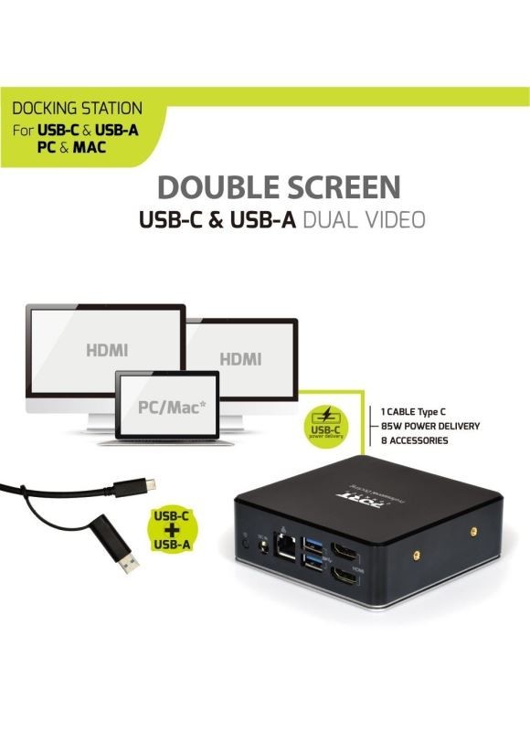 PORT CONNECT Dokovací stanice 8v1 USB-C, USB-A, dual video, HDMI, Ethernet, audio, USB 3.0