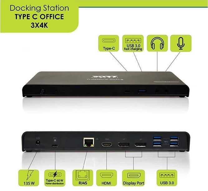 PORT CONNECT Dokovací stanice USB-C 9v1 3x4K, 2x Display Port, HDMI,3x USB, USB-C, Ethernet, jack
