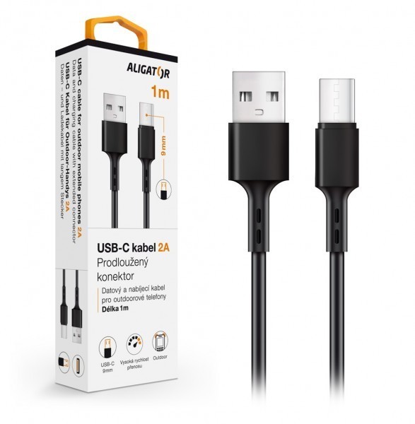 Datový kabel , USB-C, 2A, 1m, prodloužený konektor 9mm, černý