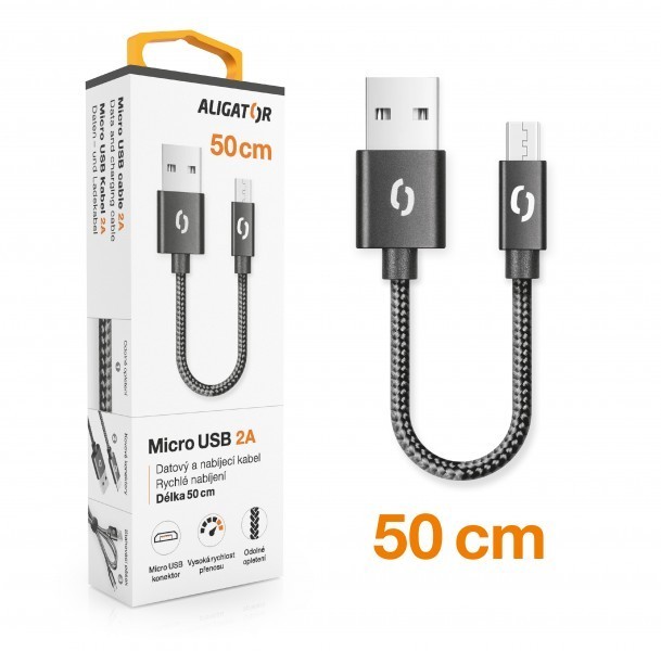 Datový kabel ALIGATOR PREMIUM 2A, Micro USB 50cm černý