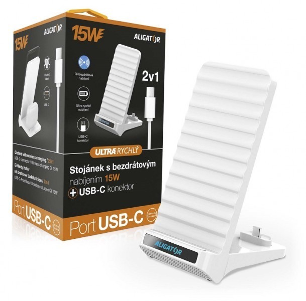 Stojánek s bezdrátovým nabíjením 15W a USB-C konektorem, 2v1, bílý