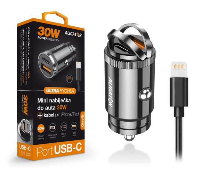 Chytrá Mini nabíječka do auta ALIGATOR Power Delivery 30W, USB-C + USB-A, USB-C kabel pro iPhone/iPa