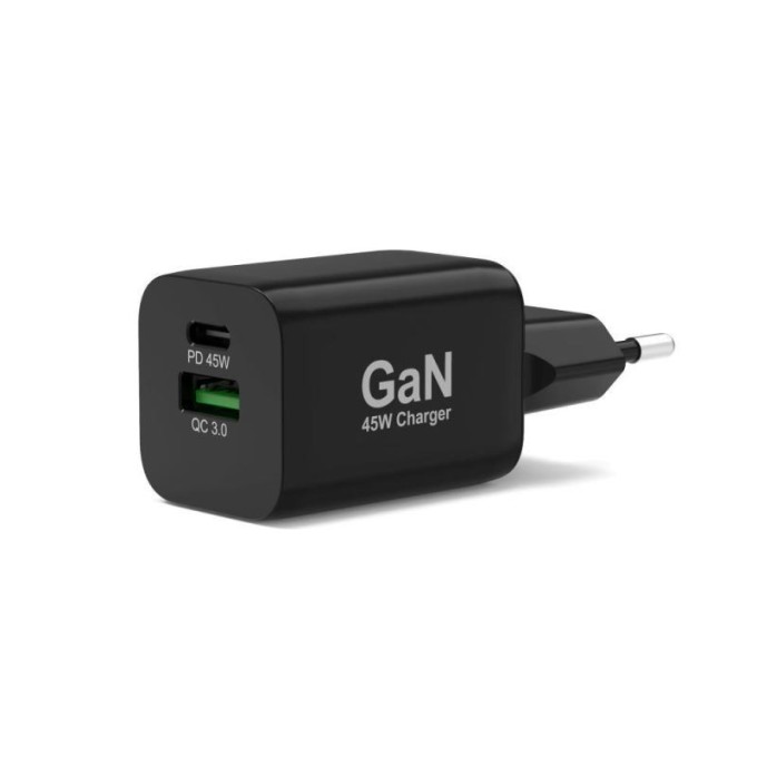 PORT CONNECT GaN síťová nabíječka pro 1xUSB-C PD a 1xUSB-A QC, 45W, černá