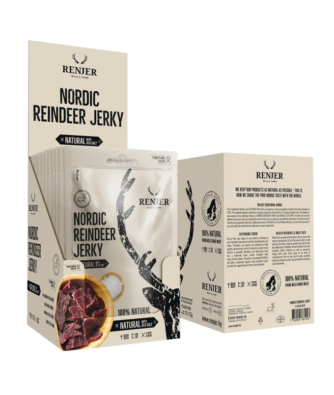 RENJER Traditional Nordic Reindeer (Sobí) Jerky Sea Salt 375g - display