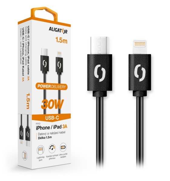 Datový kabel ALIGATOR POWER 65W, USB-C/Lightning 3A 1,5m, černý