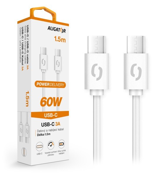 Datový kabel ALIGATOR POWER 65W, USB-C/USB-C 3A 1,5m, bílý