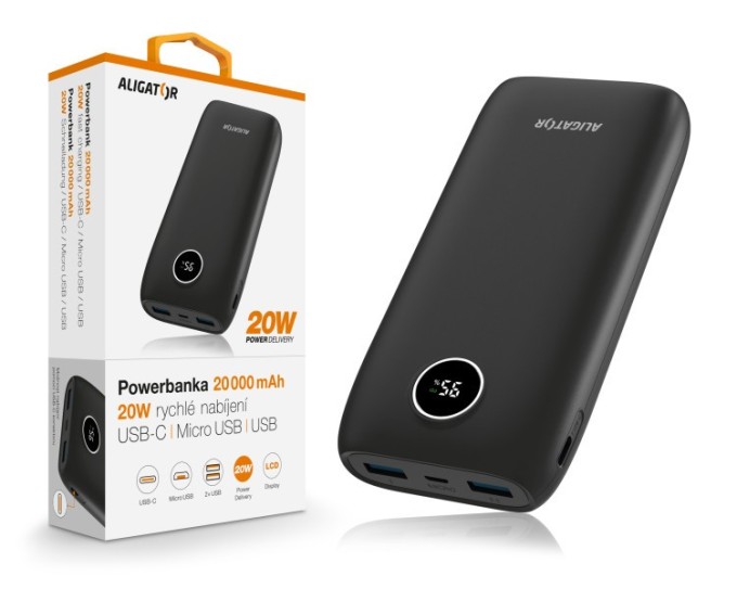 Power bank ALIGATOR PD20W+QC22.5W,20000mAh,černá