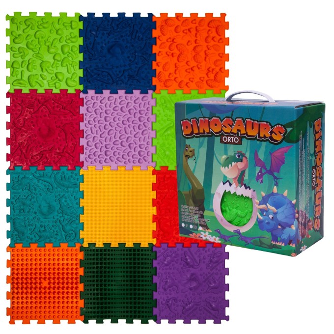 ORTEK Masážní a senzorická podložka pro děti, dospělé a psy Dinosauři Puzzle 12 prvků