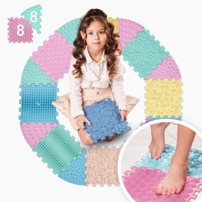 ORTEK Masážní a senzorická podložka pro děti, dospělé a psy Puzzle Mix 8 prvků + 8 sektorů Pastel