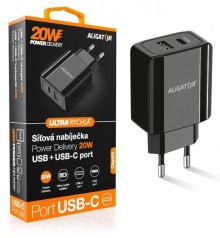 Chytrá síťová nabíječka ALIGATOR Power Delivery 20W, USB-C + USB-A