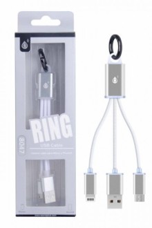 Nabíjecí kabel PLUS 2v1 Micro USB + iPhone Lightning, přívěšek na klíče, (8047), bílý