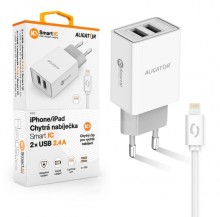 Chytrá síťová nabíječka ALIGATOR 2.4A, 2xUSB, smart IC, bílá, kabel pro iPhone/iPad 2A