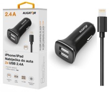 Nabíječka do auta ALIGATOR pro iPh 5/6/7/8 s 2xUSB výstupem 2,4A, Turbo charge, černá