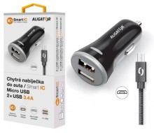 Chytrá nabíječka do auta ALIGATOR 3.4A, 2xUSB, smart IC, černá, micro USB kabel 2A